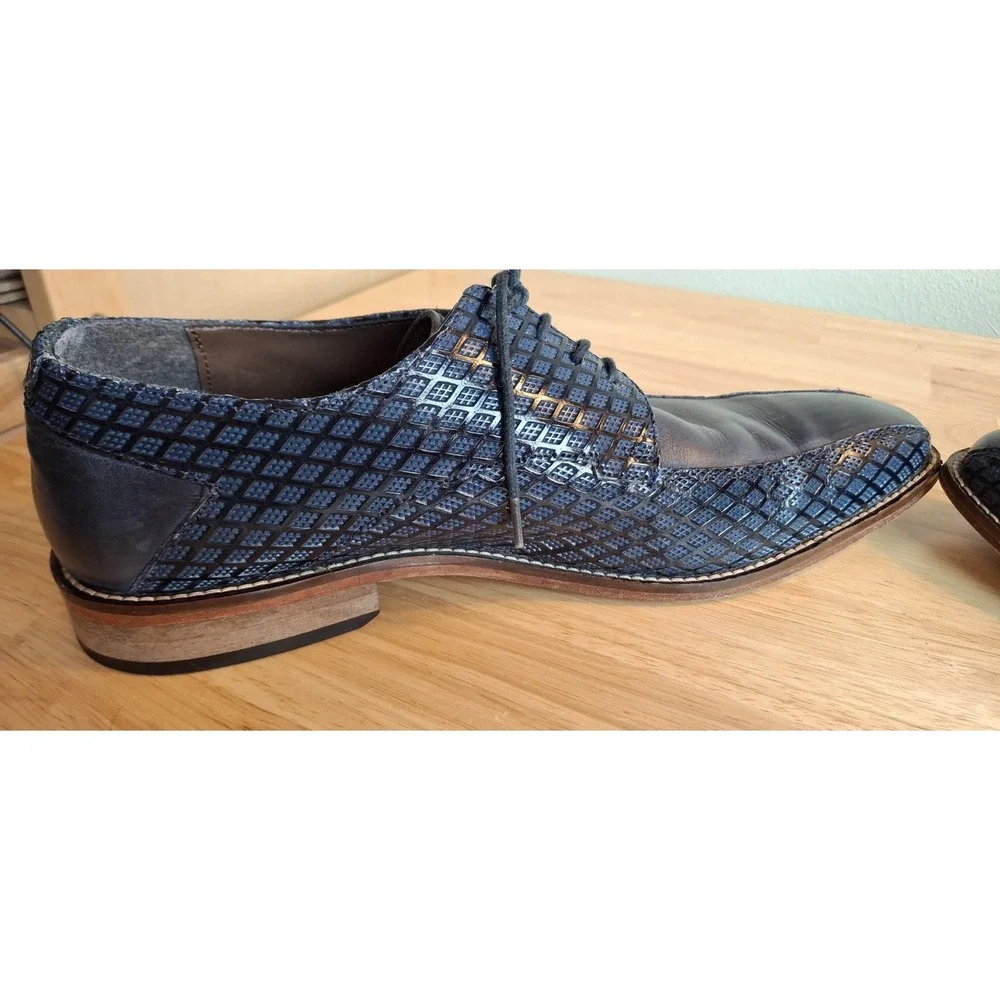 Stacy Adams Blue Printed Leather Square Toe Dress Shoes Men's 10.5W Lace Up